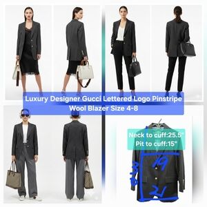 Luxury Designer Gucci Lettered Logo Pinstripe Wool Blazer Size 4-8